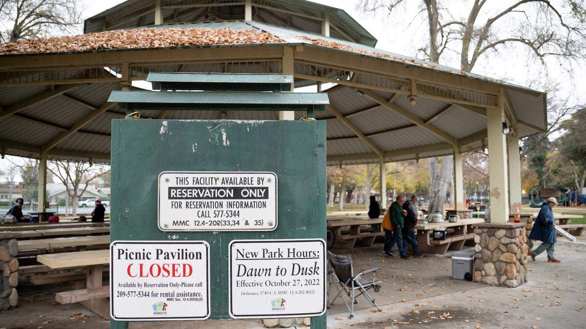 The picnic pavilion at Graceada Park in Modesto, Friday, Dec. 13, 2024. The city shortened the park hours in 2022 from dawn to dusk.