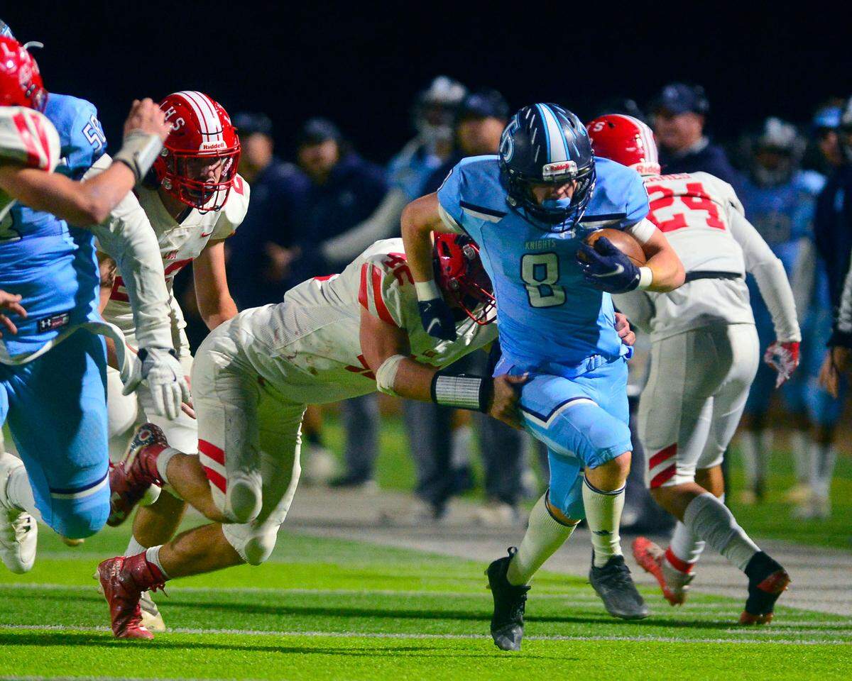 Downey receiver Hayden Grant breaks free on a sweep during a 2021 CIF Sac-Joaquin Division II playoff game between Downey High School and Lodi High School at Downey High School in Modesto, California on November 5, 2021