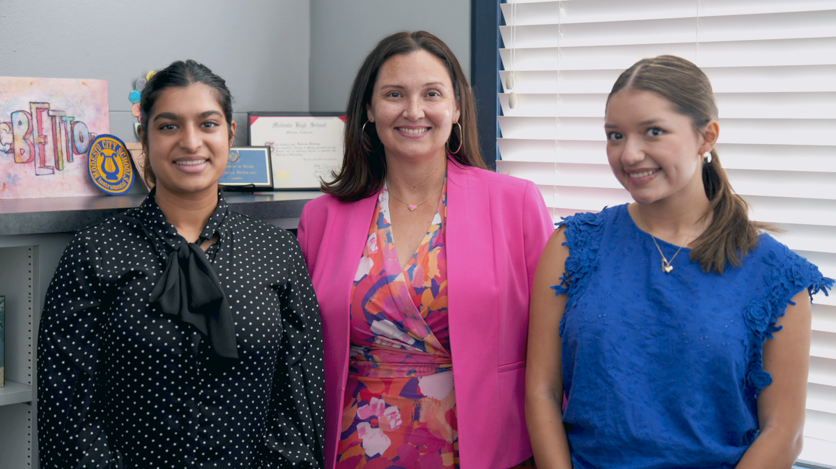 Modesto City Schools Superintendent Vanessa Buitrago is flanked by student representatives to the board of education Sabrina Toor, left, and Juliana Garcia.