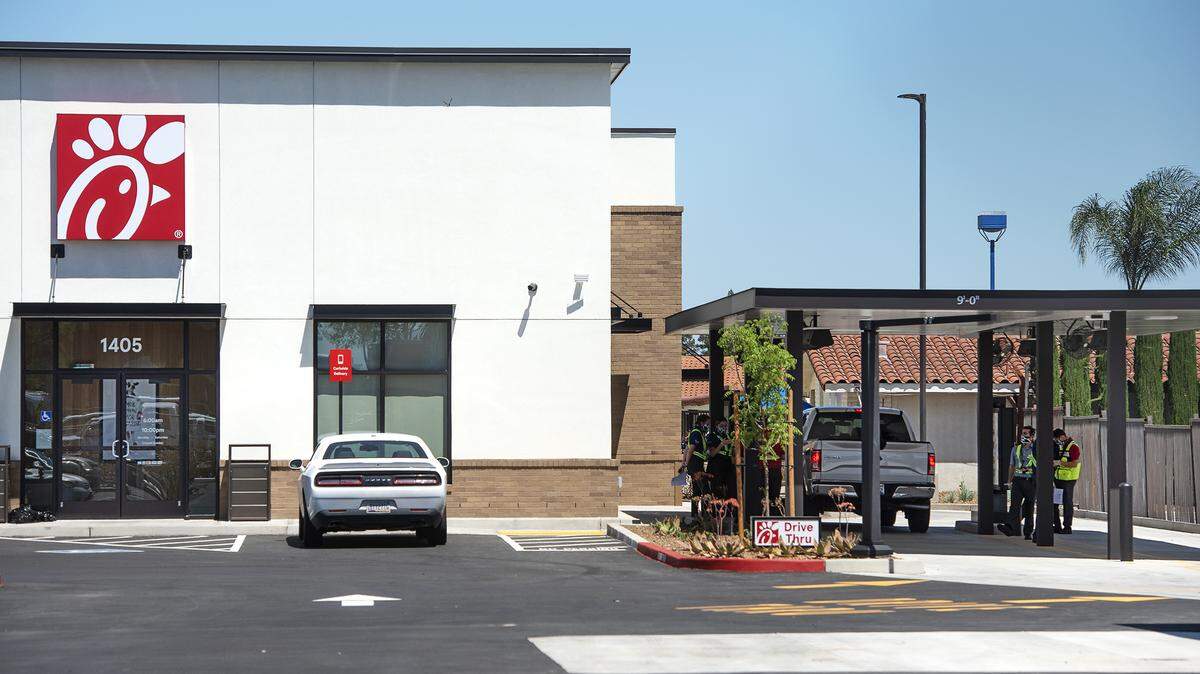 Employees conduct training session at a Chick-fil-A restaurant in Manteca, Calif., on Tuesday, April 28, 2020.