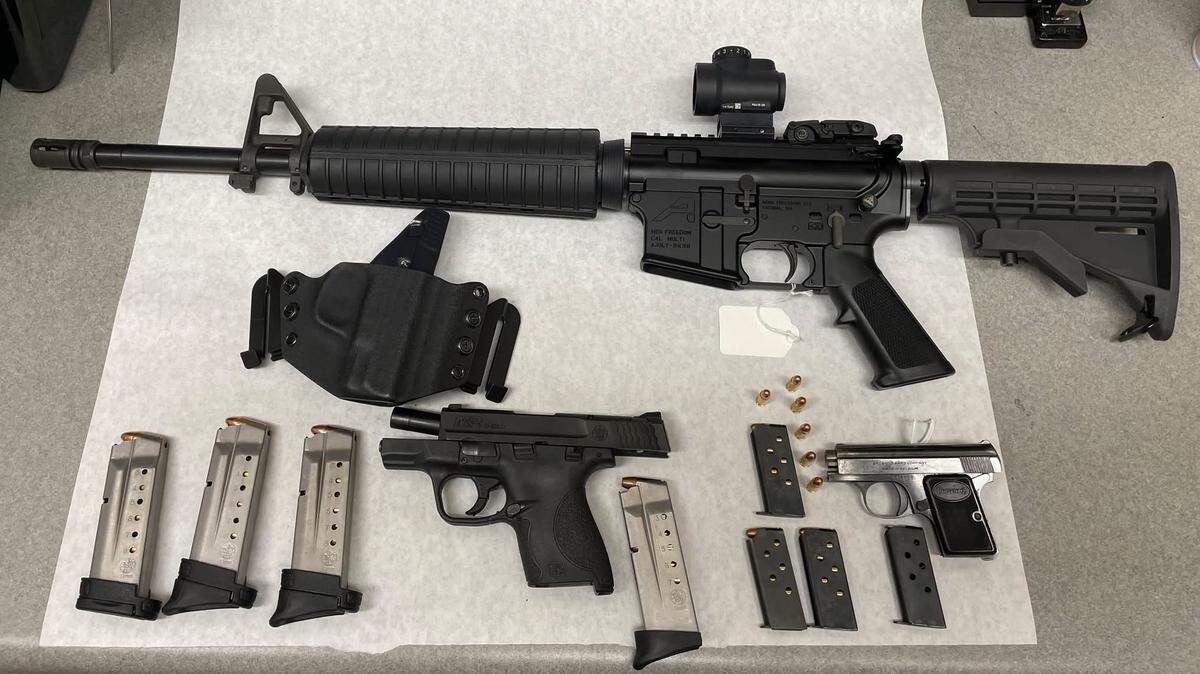 Firearms recovered by Escalon police following a reported disturbance and threats at a downtown business on April 4, 2026. A Modesto man was arrested in the incident, according to police.