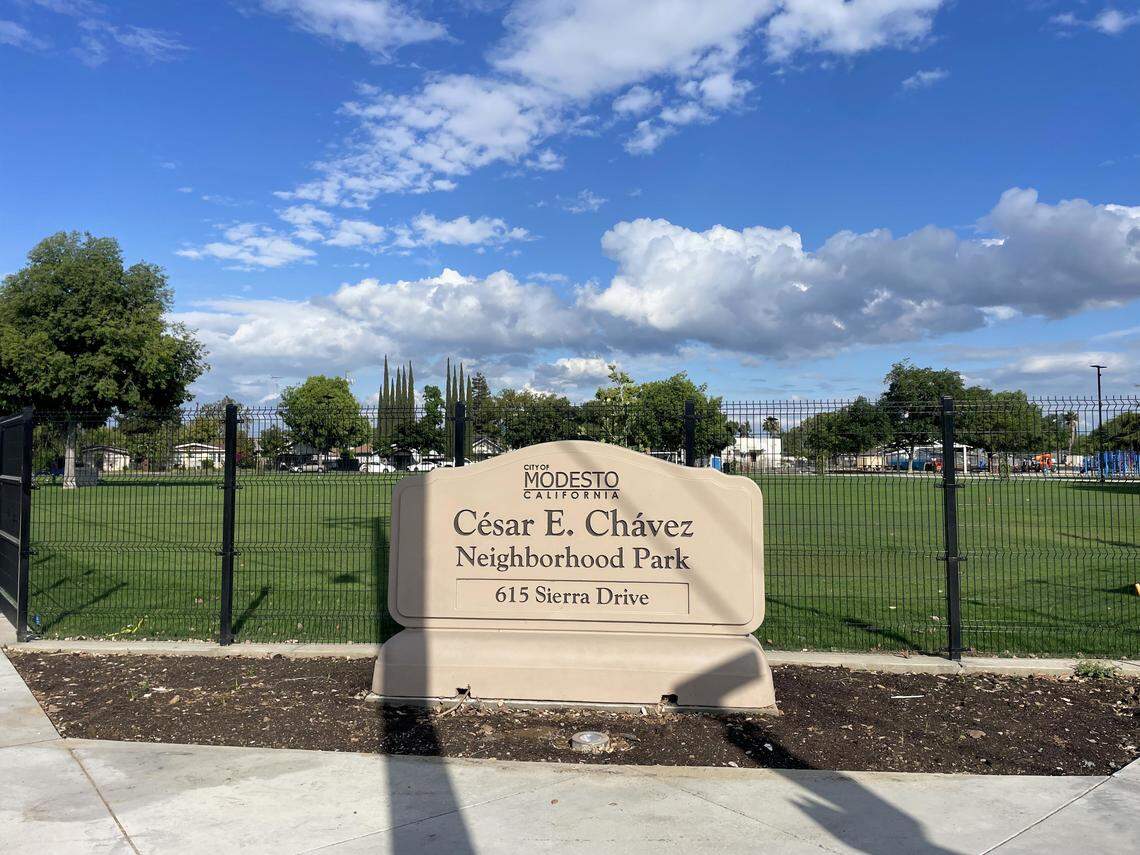 The sign at Cesar E. Chavez Park in Modesto, pictured April 1, 2026, is no longer hidden behind a fence during construction.