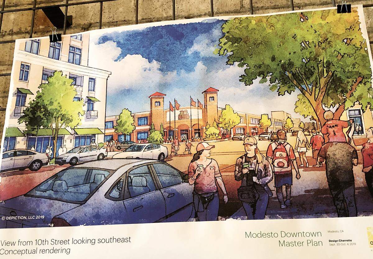 An artist rendering shows how the corner of 10th and F streets could be turned into a ballpark for the Modesto Nuts minor league baseball team. It was among the ideas presented at a Friday, Oct. 4, 2019, meeting on the downtown master plan being drafted for Modesto, Calif.