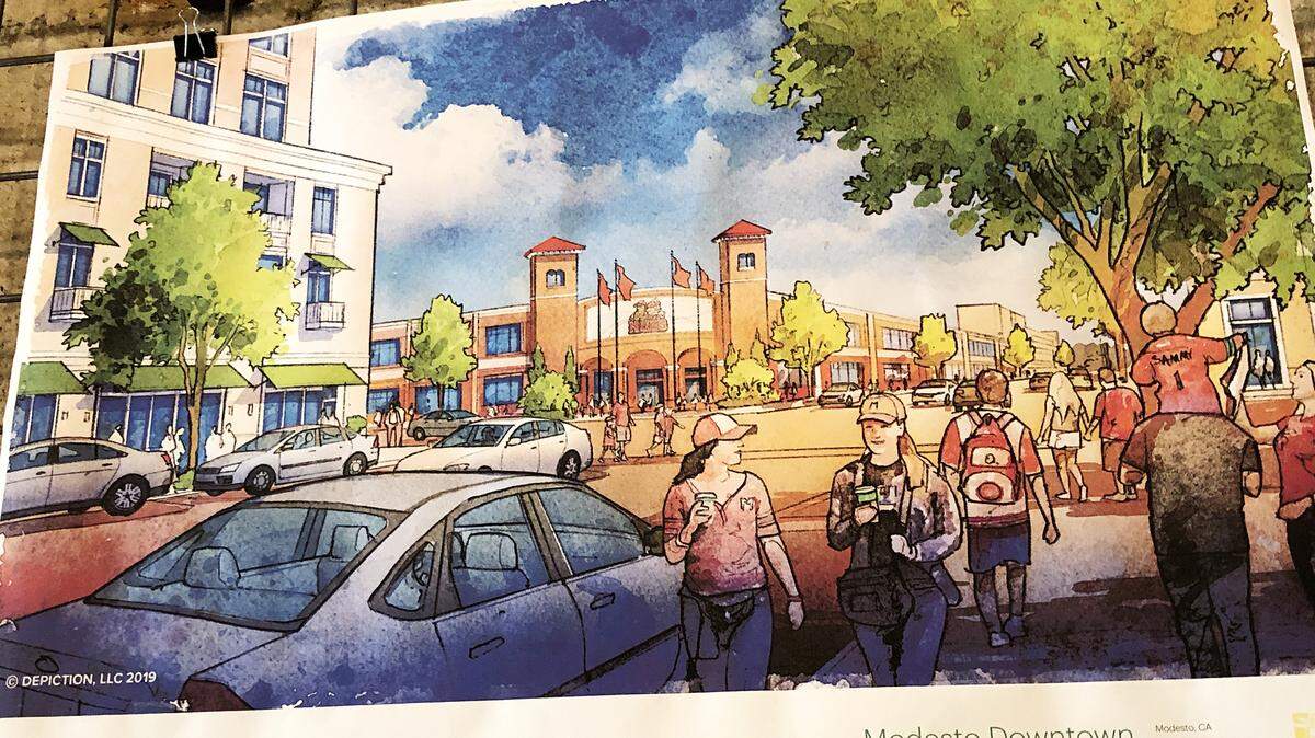 An artist rendering shows how the corner of 10th and F streets could be turned into a ballpark for the Modesto Nuts minor league baseball team. It was among the ideas presented at a Friday, Oct. 4, 2019, meeting on the downtown master plan being drafted for Modesto, Calif.
