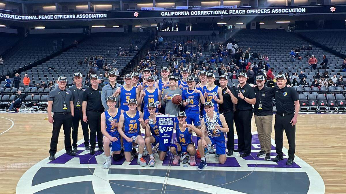 The Ripon Christian boys basketball team won the 2023 Sac-Joaquin Section Division V Championship, beating Fortune Early College 58-54 on Saturday, Feb. 25, 2023, at Golden 1 Center in Sacramento, Calif.