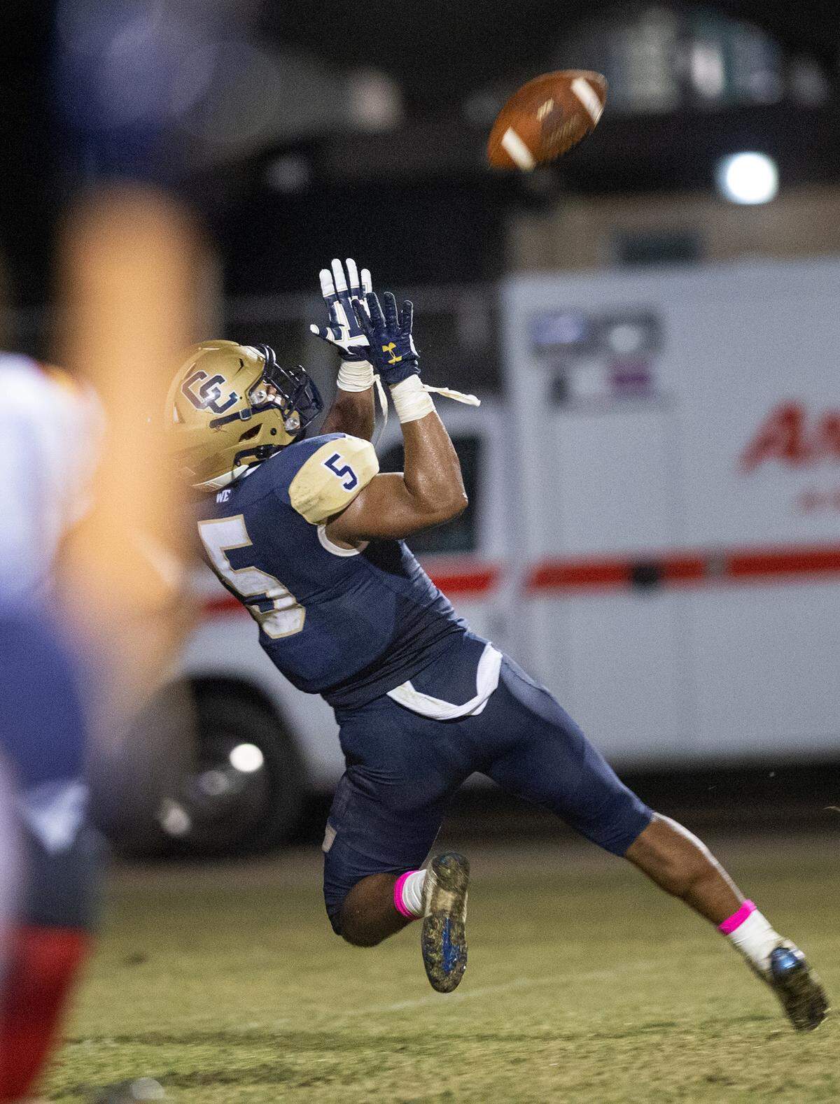 Central Catholic’s Jaelen Nichols makes a touchdown catch on the final play of the first half of the Valley Oak League game with Oakdale in Modesto, Calif., Friday, Oct. 14, 2022.