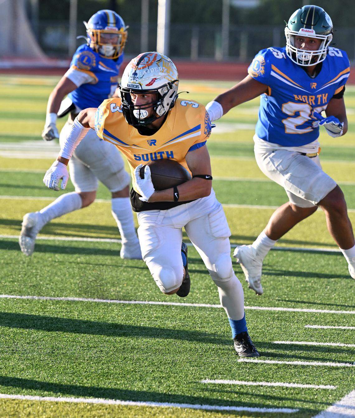 South’s Joey Stout breaks free on a run during the Central California Lions All-Star Football Game at Tracy High School in Tracy, Calif., Saturday, June 24, 2023. The South won the game 38-13.