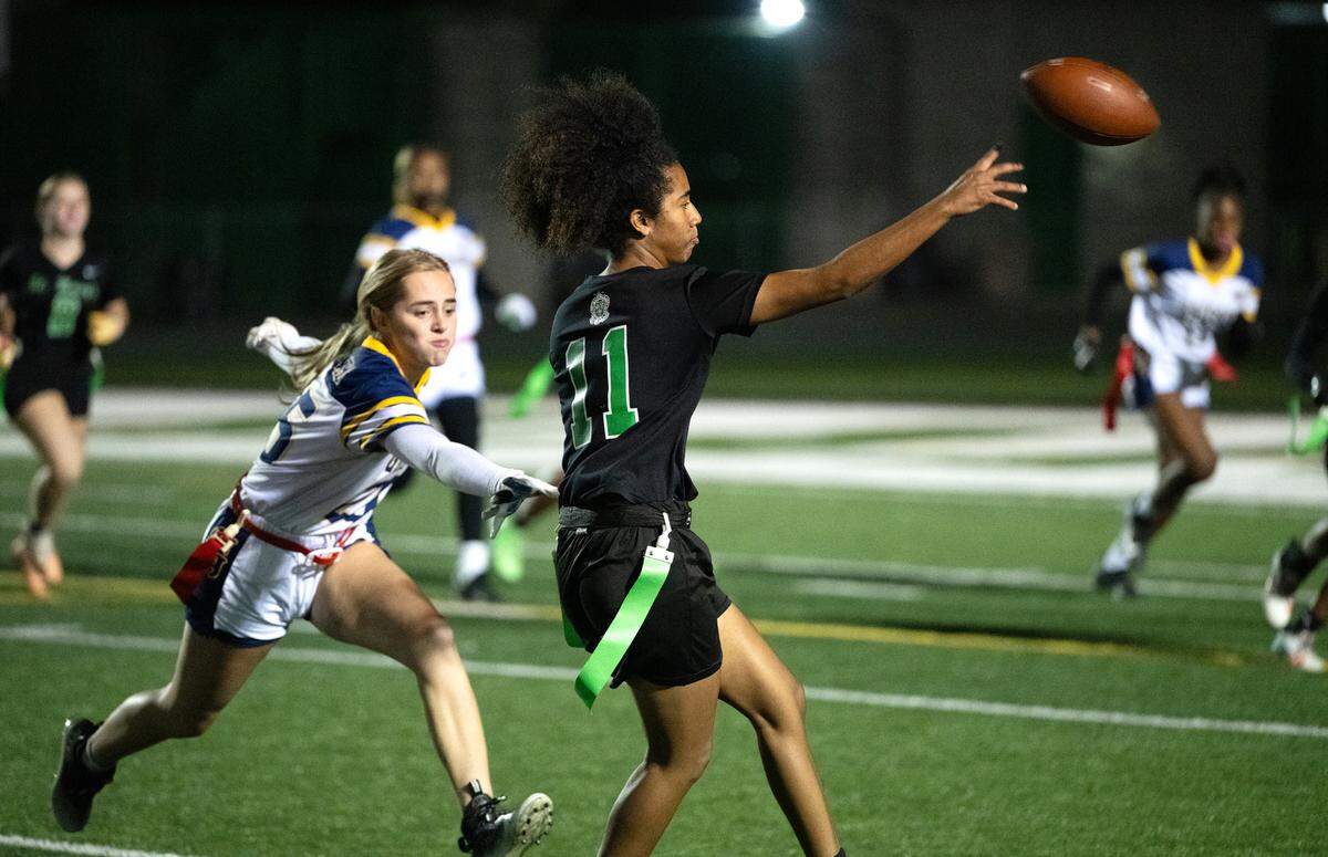 St. Mary’s quarterback Victory Bragg makes a pass under pressure from Gregori’s Bailey Simonds during the Sac-Joaquin Section playoff game at St. Mary’s High School in Stockton, Tuesday, Oct. 29, 2024.