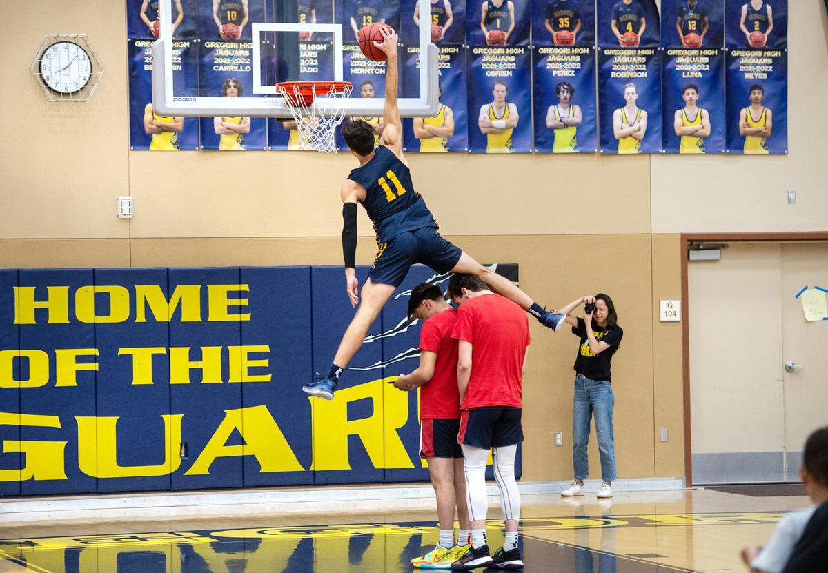 Gregory’s Kyle Monk competes in the slam dunk contest before the Six-County Senior All-Star Basketball Game at Gregori High School in Salida, Friday, May 6, 2022.