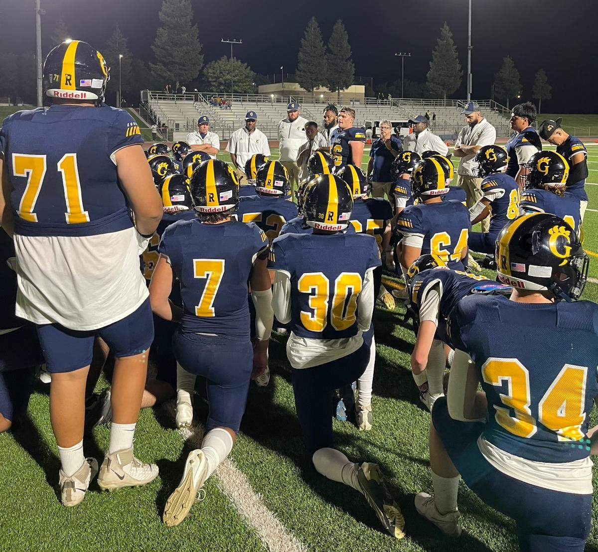 Gregori lineman Grady Olsen addressing his teammates after their loss to Merced at Gregori High School in Modesto, Calif., August 29, 2024.