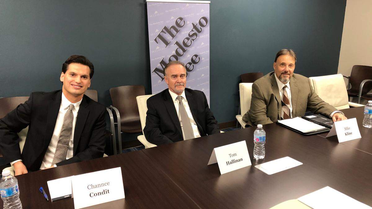 Candidates for the the Stanislaus County Board of Supervisors District 5 vacated by Jim DeMartini are discussing issues in a political forum in Modesto, California. The candidates are, from left: Channce Condit, Tom Hallinan and Mike Kline.