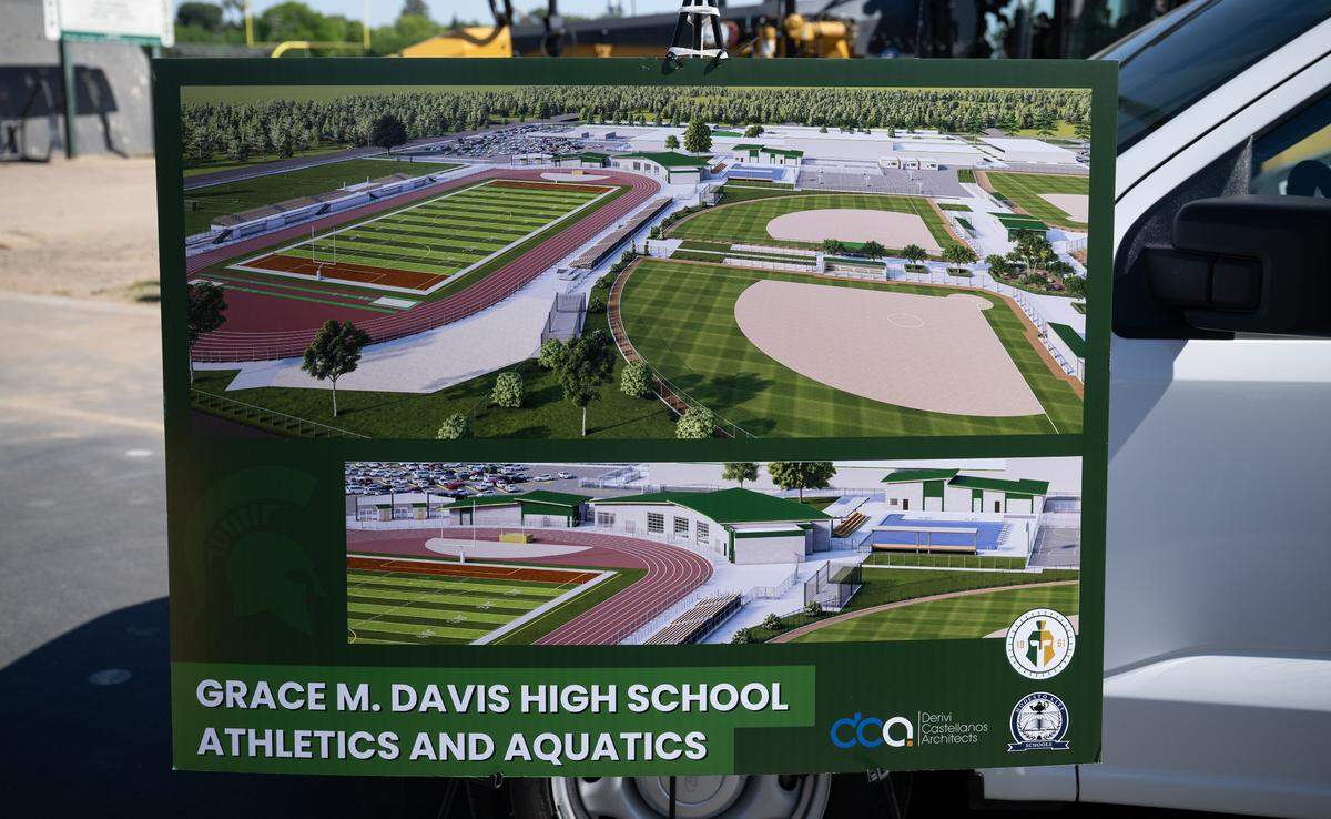 Artist rendering of the new sports fields and aquatic center at Grace Davis High School in Modesto, Friday, May 9, 2025.
