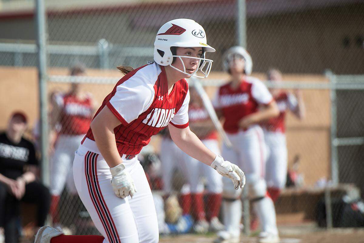 Ripon’s Peyton Naranjo runs to first after batting during the non-league game with Big Valley Christian in Ripon, Calif., Friday, March 17, 2023.