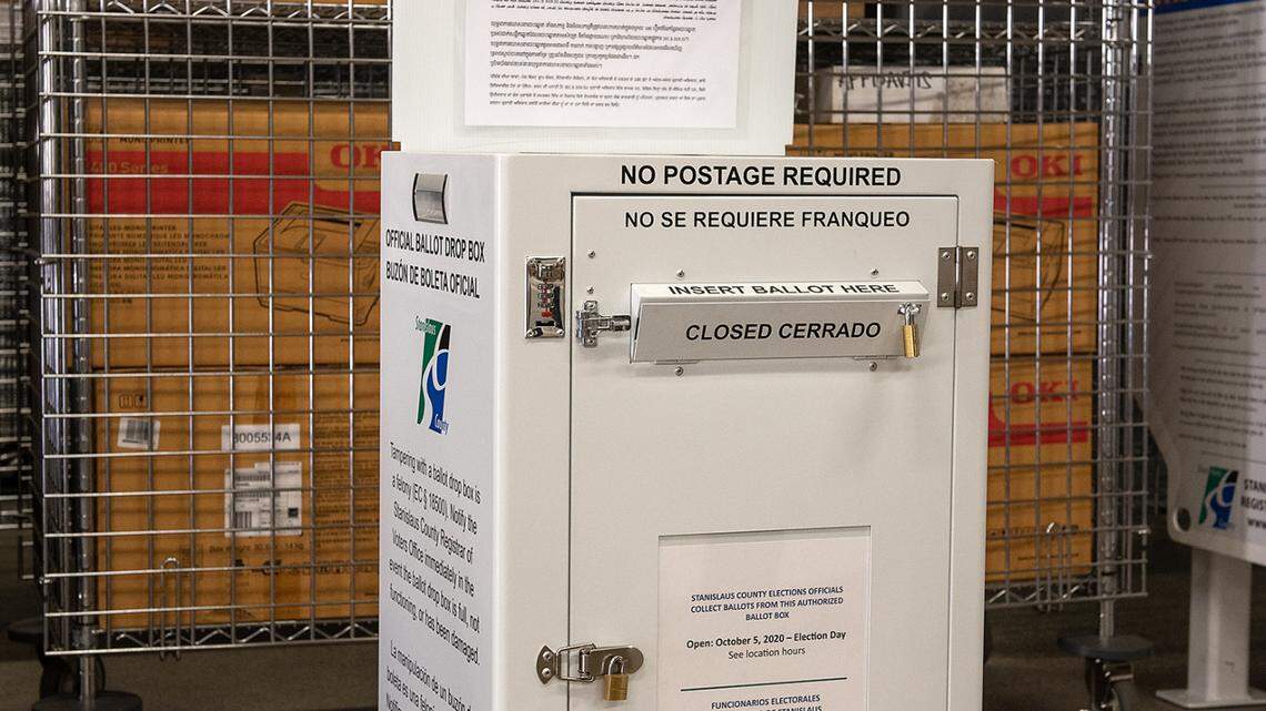 Stanislaus County’s official ballot drop box photographed at the county elections warehouse in Modesto, Calif., on Thursday Oct. 2 2020.