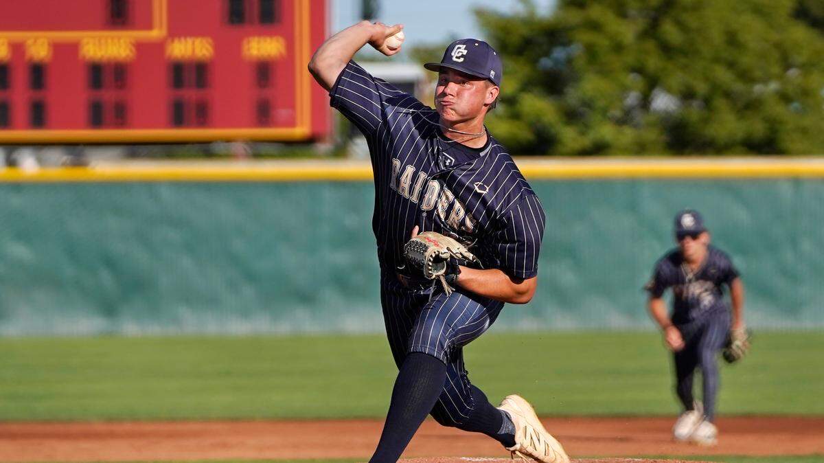 Central Catholic pitcher Kayden McHenry delivers a pitch during the Sac-Joaquin Section D-III championship game with Yuba City at Sacramento City College on Wednesday, May 21, 2025.