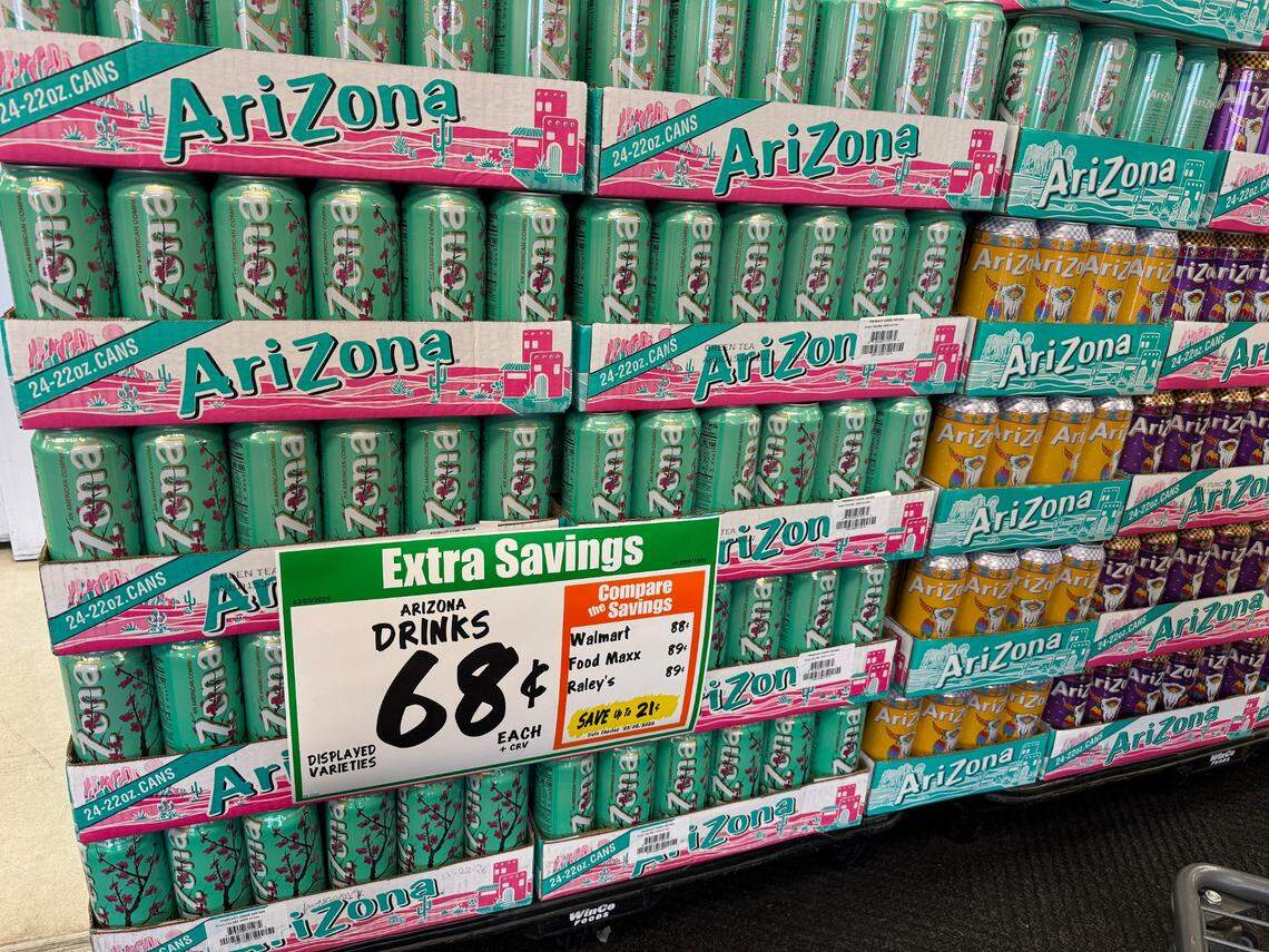 Signs comparing prices to other local retailers at WinCo in Modesto on March 12, 2025.