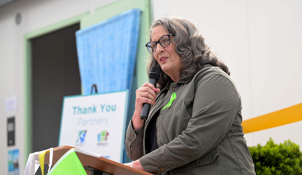 Modesto mayor Sue Zwahlen speaks during a ceremony to open Dignity Village, a 42-unit bridge housing project on Ninth Street in Modesto on Thursday, March 27, 2025. The first residents will start moving into the complex this weekend.
