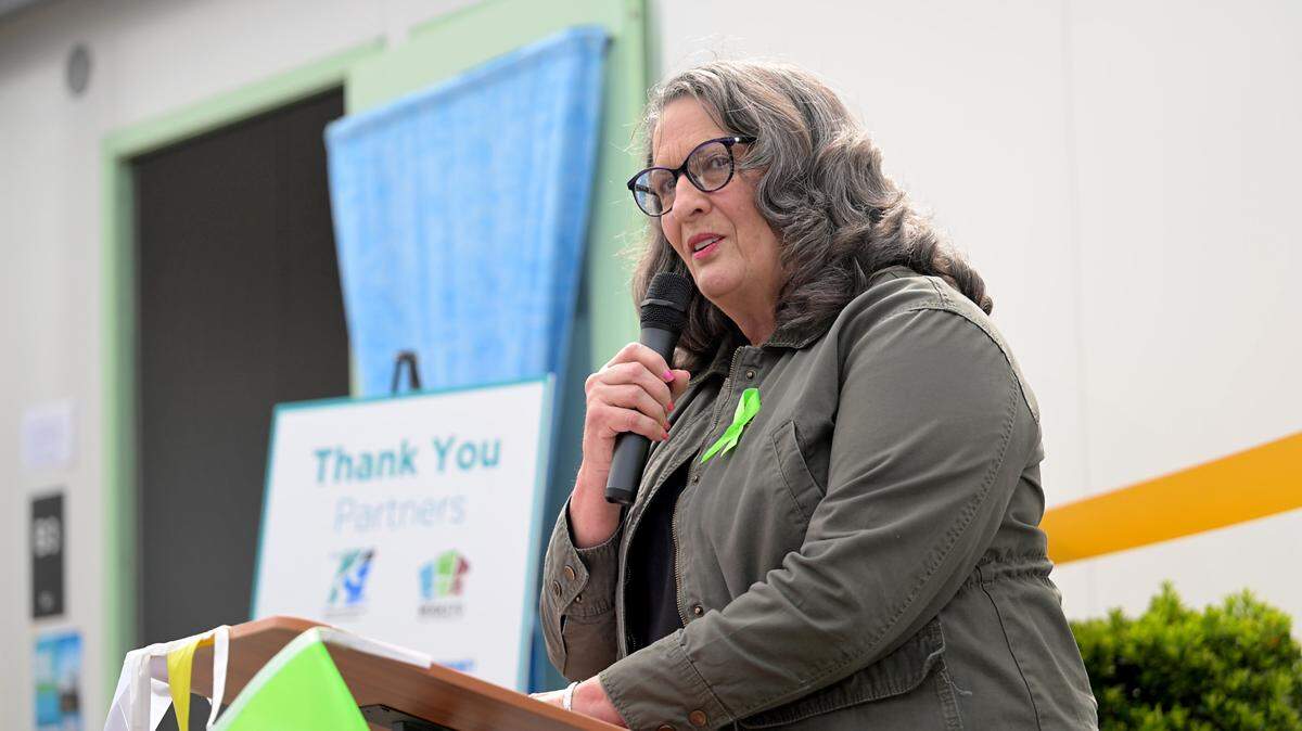 Modesto Mayor Sue Zwahlen speaks during a ceremony to open Dignity Village on Ninth Street in Modesto on March 27, 2025. At its meeting Tuesday, April 28, 2026, the City Council voted to accept a recommendation to give itself, and the mayor, a raise. 