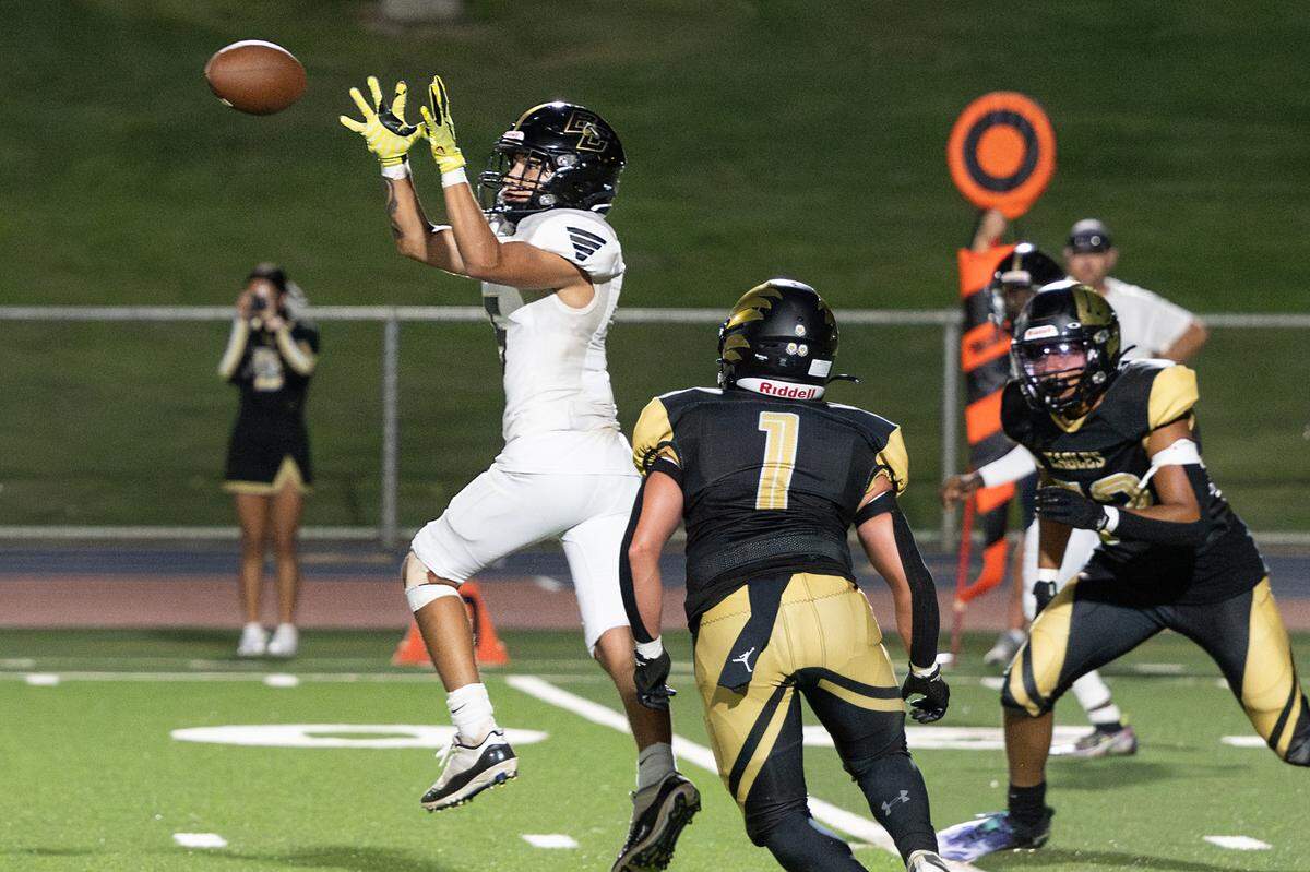 Buhach Colony’s Julian Ruiz makes a catch during the non-league game with Enochs at Gregori High School in Modesto, Calif., Friday, Sept. 1, 2023.