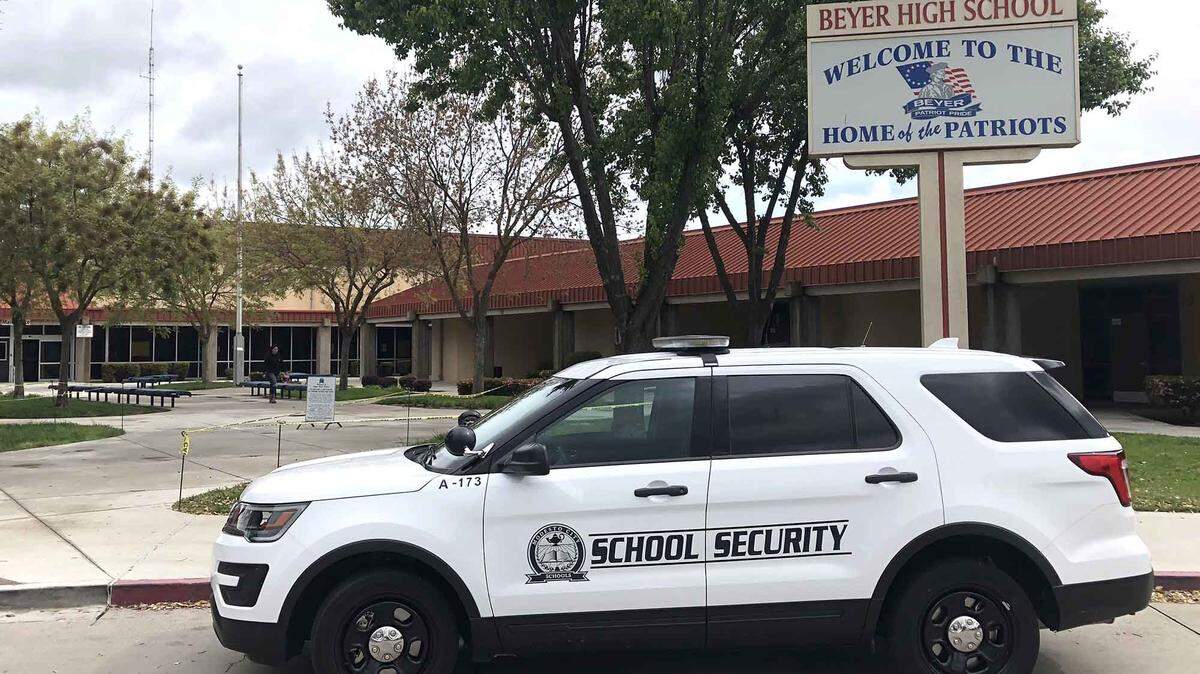 A Modesto City Schools security patrol vehicle is parked at Beyer High School on Sylvan Avenue on Monday, April 16, 2018.