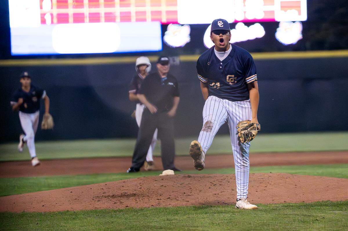 Central Catholic Pitcher Cruz Costa reacts after a recording an inning-ending, bases-loaded strikeout in a Valley Oak League game against Pattesron at John Thurman Field in Modesto, Wednesday, March 18, 2026.