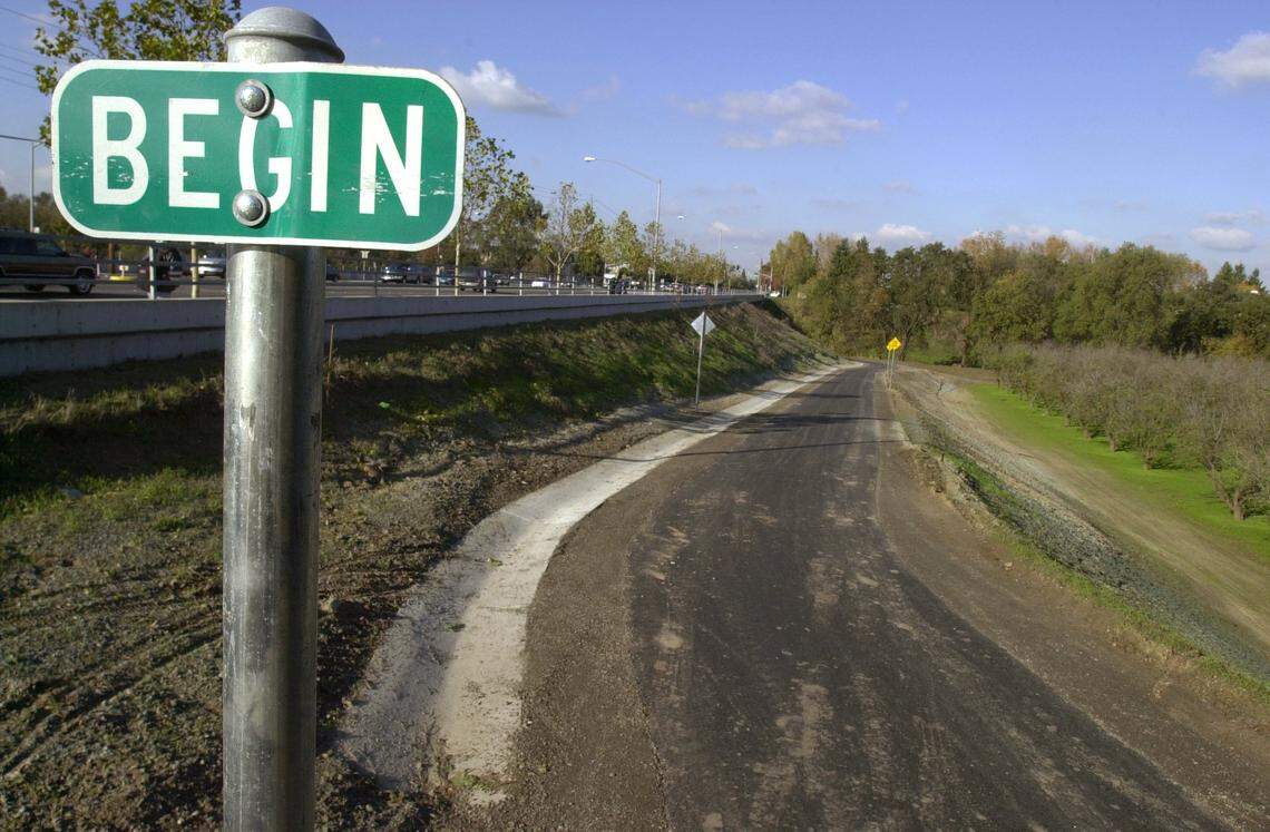 The eastern entrance to the Mensinger trail next to the Claus Road over pass of Dry Creek in Modesto.