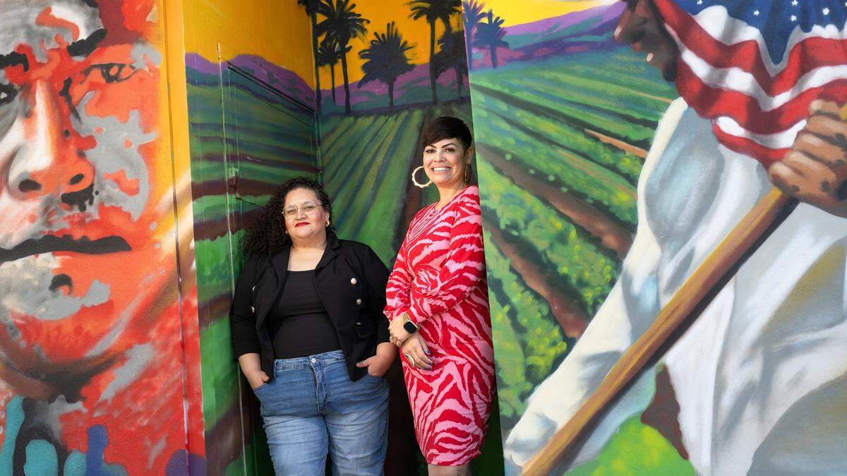 yüda co-founders, Daisy Mayorga, left, and Karlha Arias, right, outside the Modesto Peace Life Center in Modesto, Calif., Thursday, March 14, 2024. yüda is a tech startup focused on helping people learn and use new technologies.