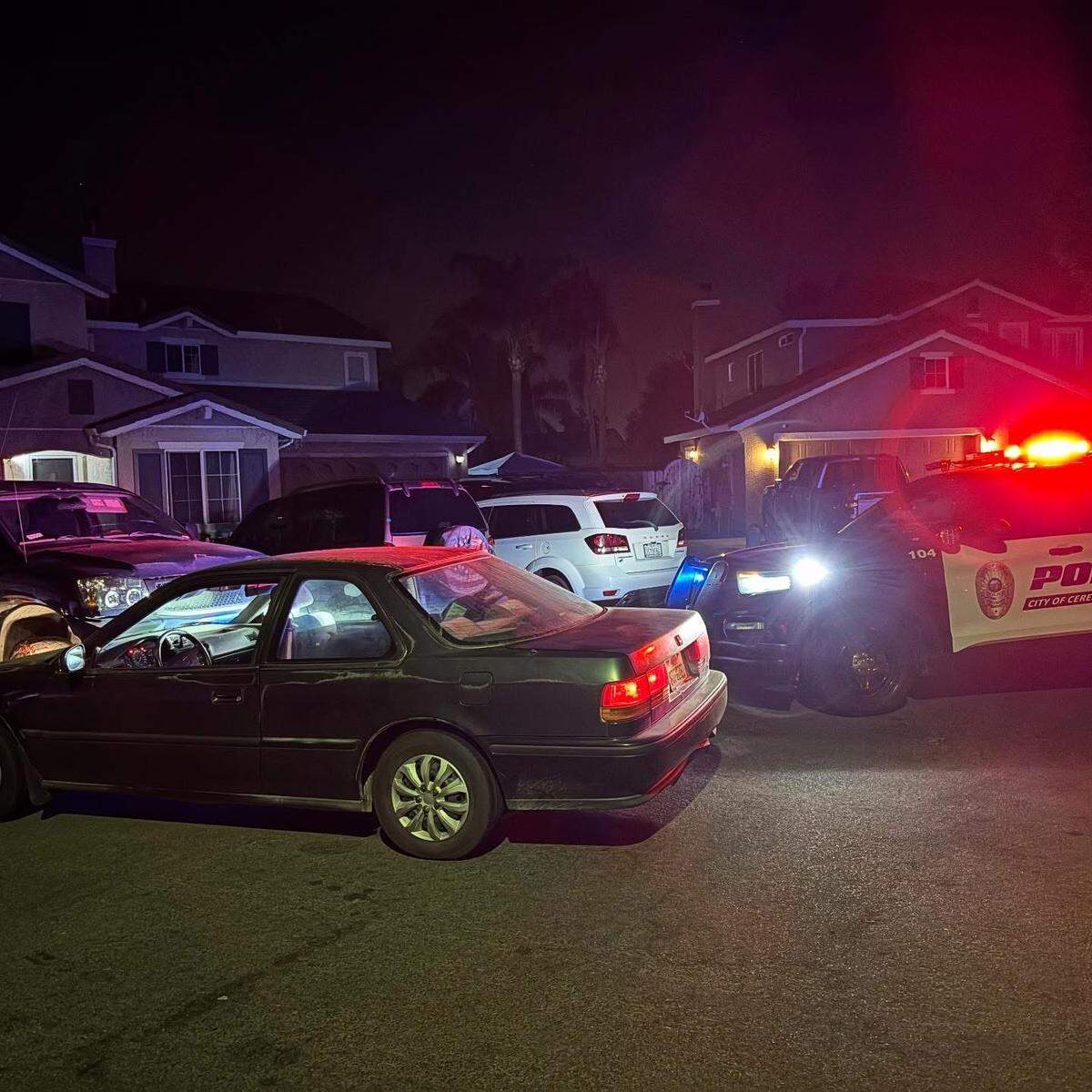 A Ceres police SUV sits behind a stolen Honda Accord after a pursuit early Tuesday morning.