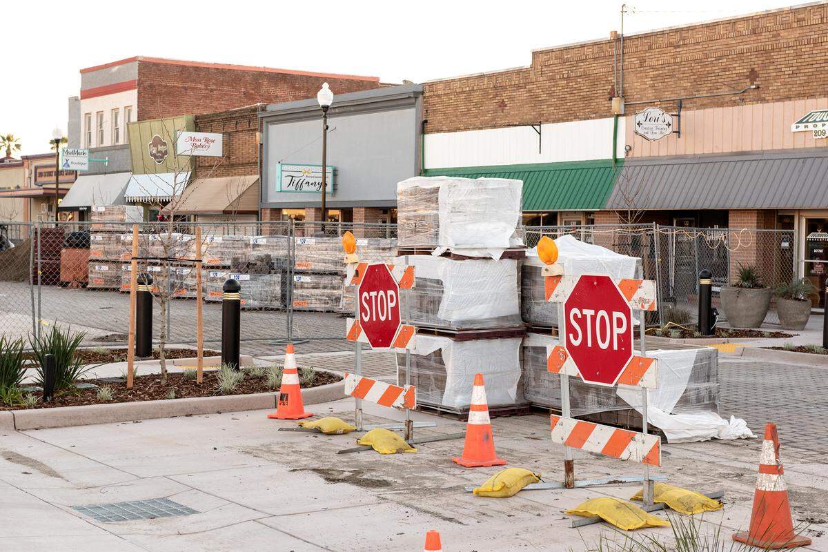 Works continues on the streetscape renovation on Third Avenue in Oakdale, Calif., Friday, Jan. 20, 2023.