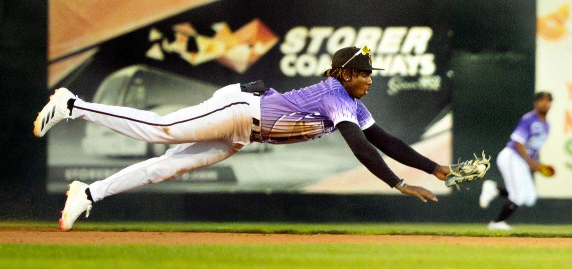 Modesto Nuts shortstop Felnin Celesten snared a ground ball and threw out the runner during the game with the San Jose Giants at John Thurman Field in Modesto, Friday, April 4, 2025.