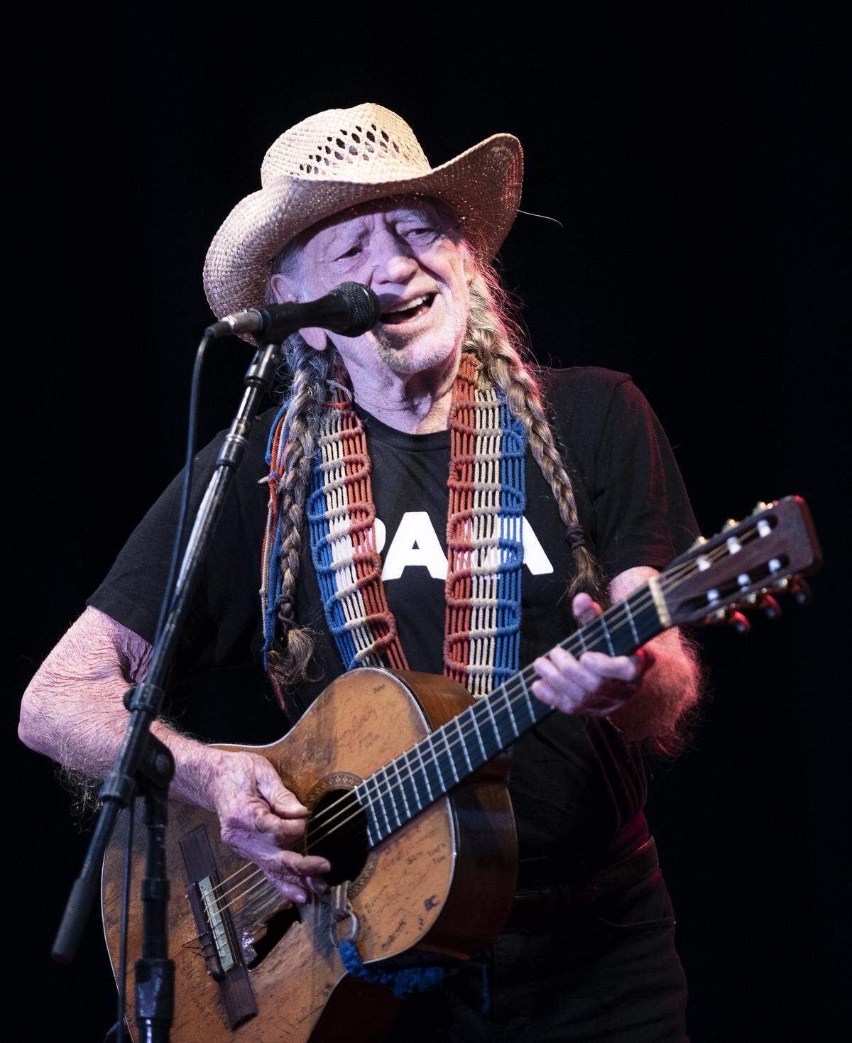 Country singer Willie Nelson performs at the Fruit Yard Amphitheatre in Modesto in 2019.