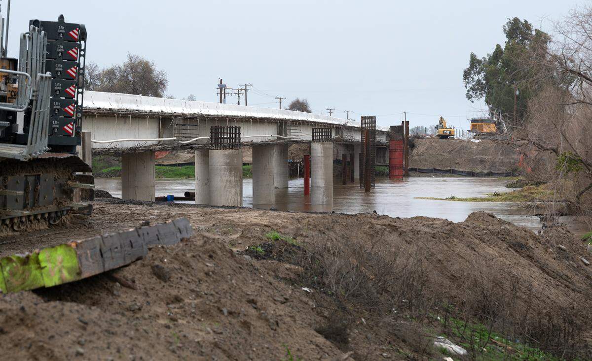 The construction budget for the Crows Landing Road bridge over the San Joaquin River swelled from $25.7 million to $30.9 million before the bridge replacement was finished this year. Stanislaus County ran into $5.2 million in cost overruns, most of which were attributed to flood damage over a two-year period. The bridge project is seen here in Jan. 2023.