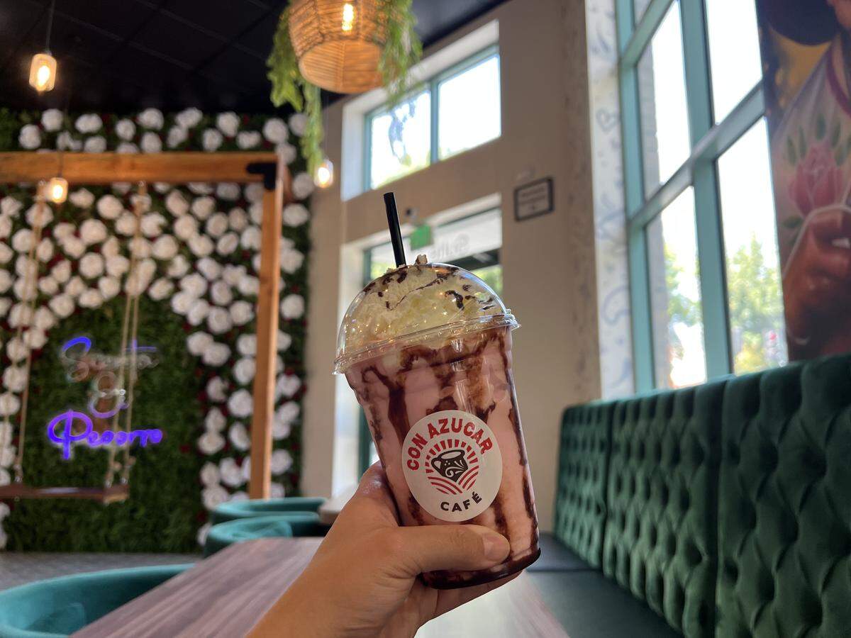 The Gansito-inspired frappe, blended with strawberry mix, dark chocolate and whipped cream for $7 at Con Azucar Cafe.