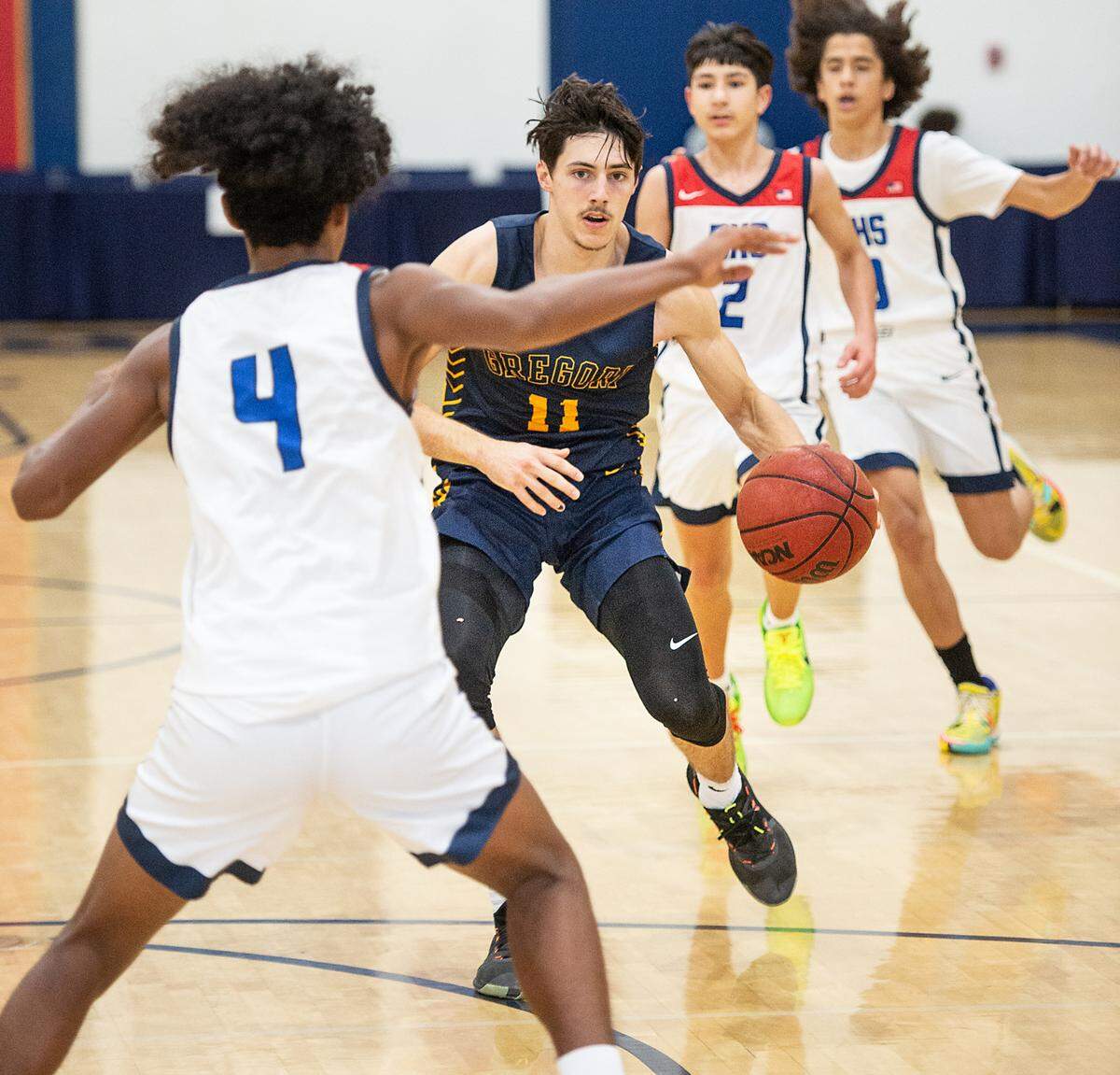 Gregori’s Kyle Monk advances the ball during the Holiday Hoop Classic game with Beyer at Modesto Christian High School in Salida, Calif., on Tuesday, Dec. 28, 2021.