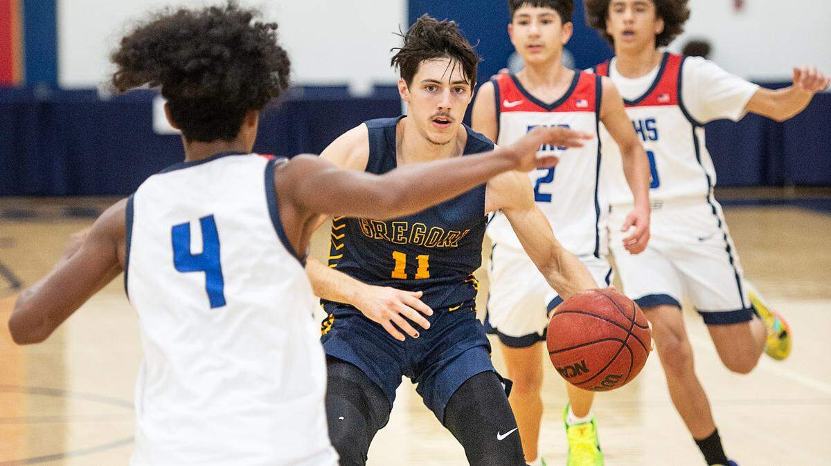 Gregori’s Kyle Monk advances the ball during the Holiday Hoop Classic game with Beyer at Modesto Christian High School in Salida, Calif., on Tuesday, Dec. 28, 2021.