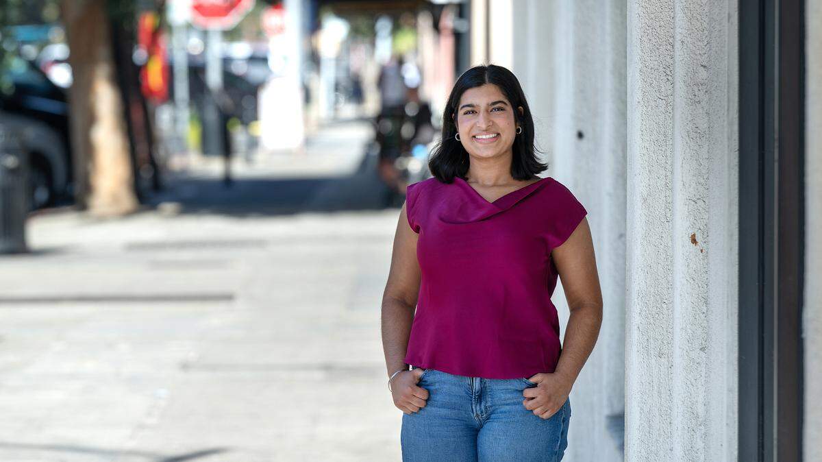 Modesto High student Sabrina Toor, 16, in downtown Modesto, Calif., Thursday, Sept. 26, 2024. Toor is chair of the school’s Indian Student Union and a member of the Indian Cultural Society, and is organizing a panel called “Diaspora to Diplomacy” to raise awareness about the November election.
