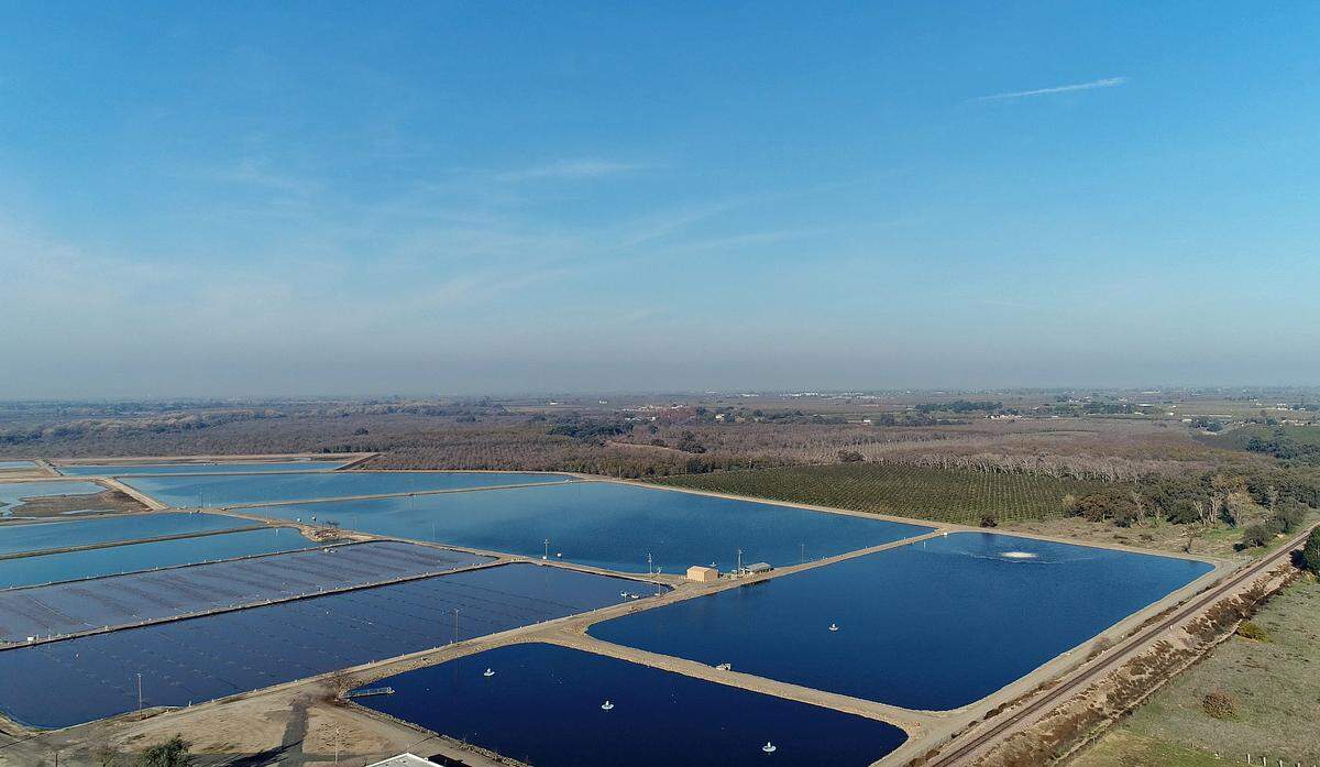 A view to the northwest of Jacob Myers Park with Riverbank’s wastewater treatment facility in the foreground on Dec. 8,2017. Photo shot by The Bee’s drone, Scoopy One.