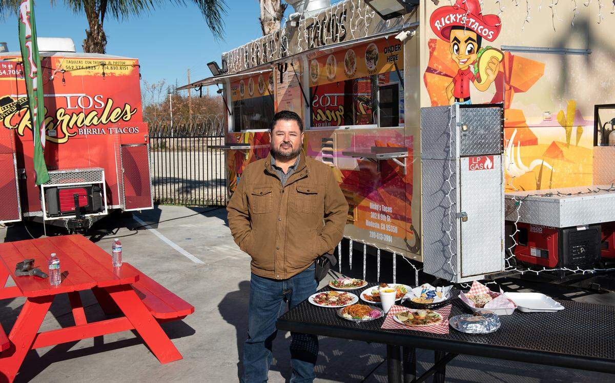 La Placita food truck park owner Jorge Elizalde on 9th Street in Modesto, Calif., Tuesday, Dec. 13, 2022.