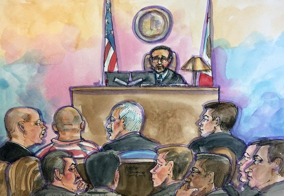 Courtroom artist sketch of Paulo Virgen Mendoza’s hearing in department 8 of the Stanislaus County Superior courthouse Wednesday January 2, 2019 in Modesto, Calif. Mendoza is the suspect in the shooting death of Newman Police Cpl. Ronil Singh that occurred on December 26th.