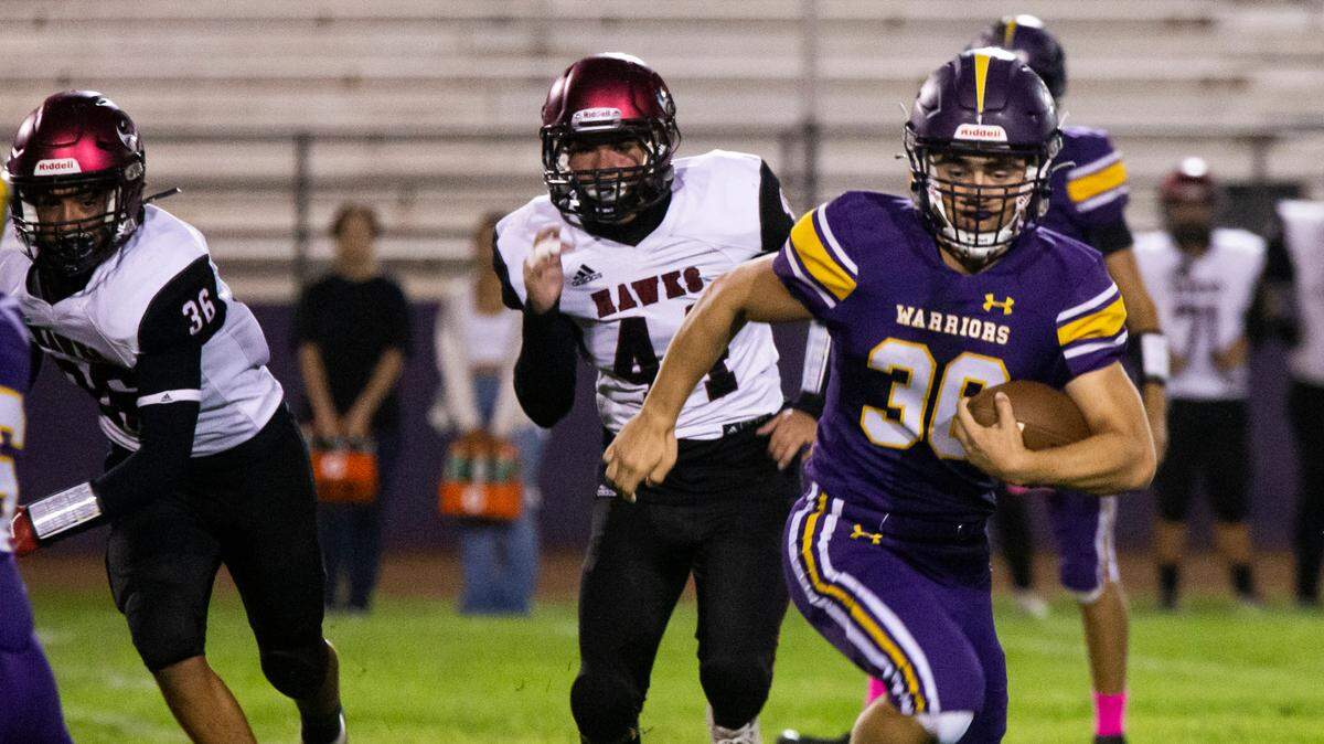 Drake Perez, 36, runs up field for some yards as Dehi follows behind. Orestimba vs Deli at Orestimba Oct. 07, 2022.