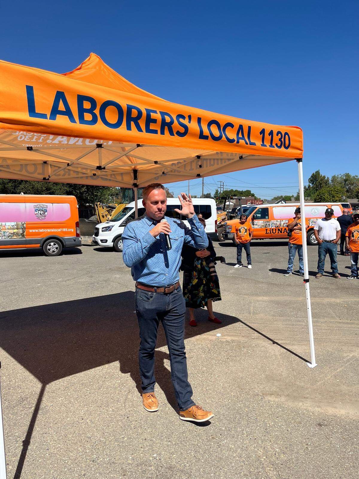 CA-13 congressional candidate Adam Gray delivers a speech to union members in Modesto, Calif. on September 14, 2024.