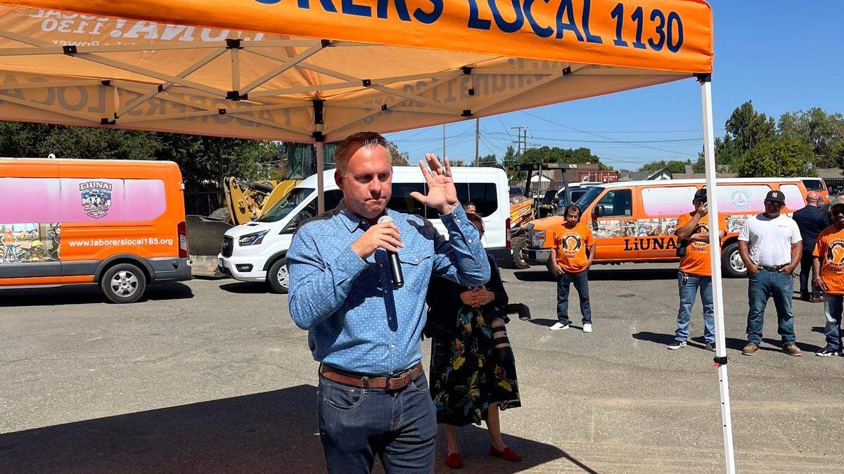 CA-13 congressional candidate Adam Gray delivers a speech to union members in Modesto, Calif. on September 14, 2024. He is in a close November rematch with Rep. John Duarte, R-Modesto.