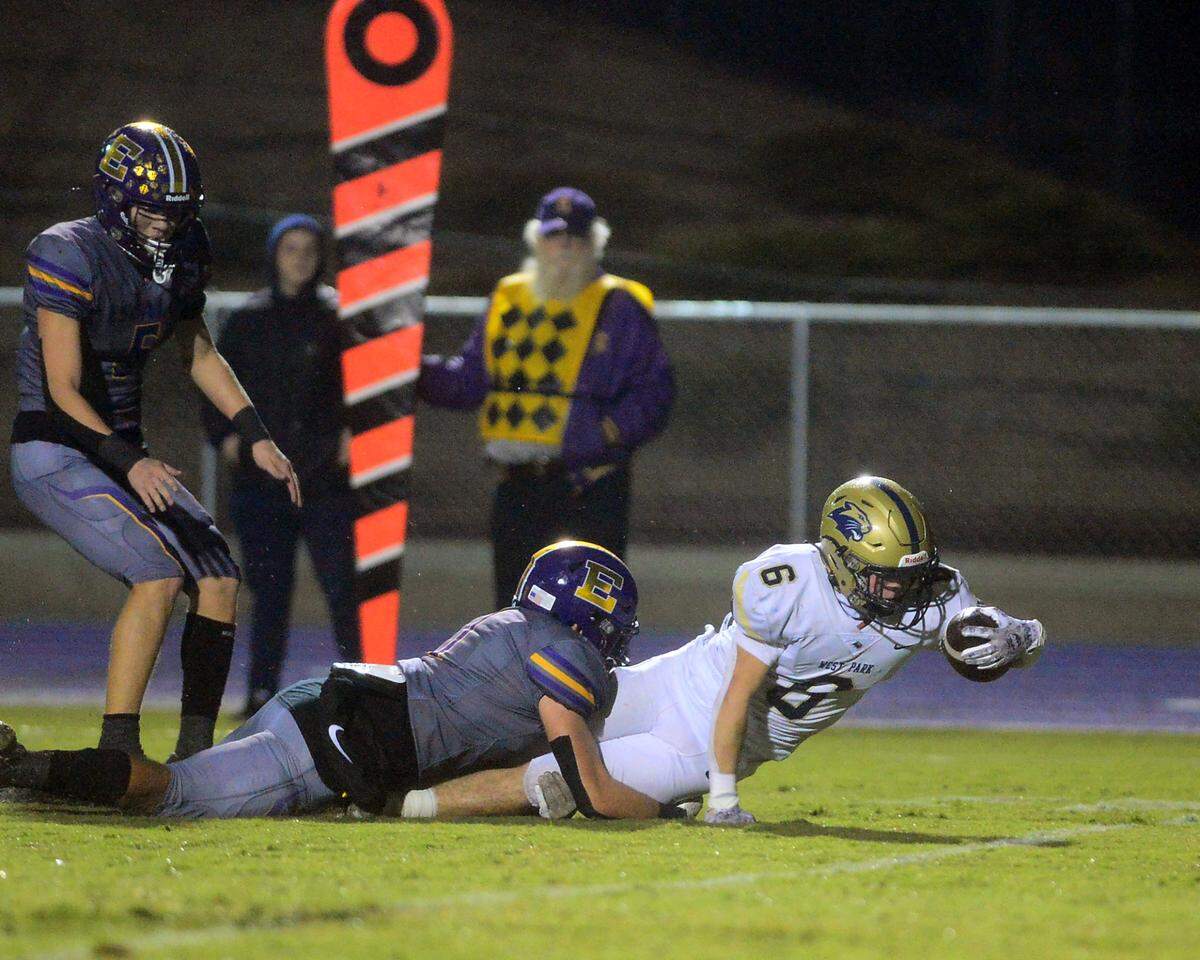 West Park running back Westin Wade (6) dives into the end zone to score a touchdown during a 2023 CIF San Joaquin Section Division IV football game between Escalon and West Park at Escalon High School in Escalon, California, on Nov. 17, 2023. Escalon won the game 48-28.