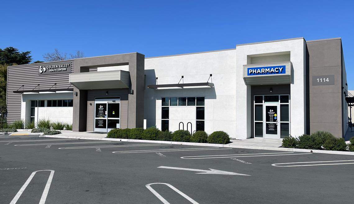 The Golden Valley Health Centers W Modesto clinic is pictured with new Pharmacy signage in March 2025.