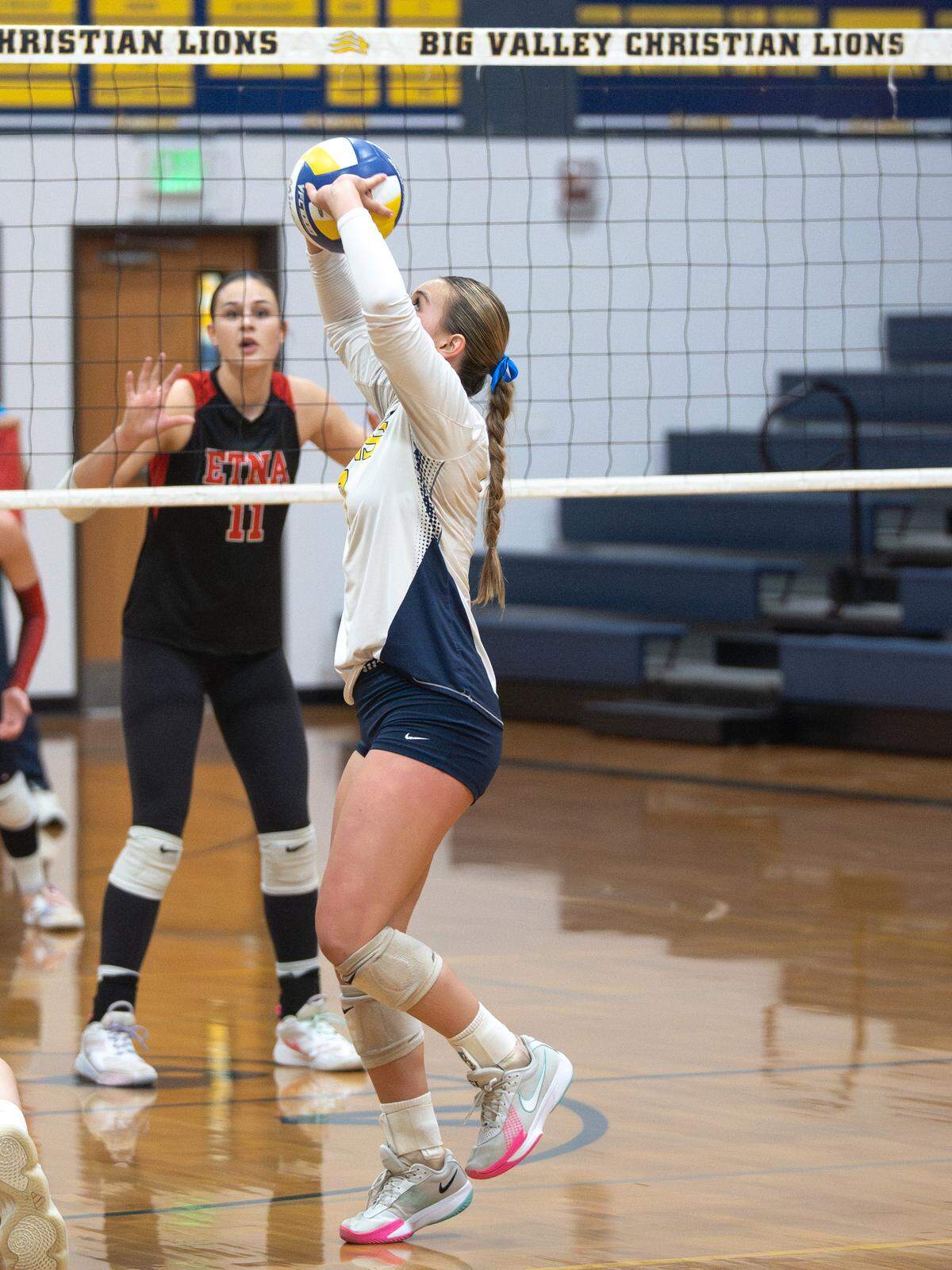 Big Valley Christian's Ella Alavezos sets the ball during the CIF Division VI Northern California regional semifinals against Etna in Modesto on Saturday, Nov. 15, 2025.