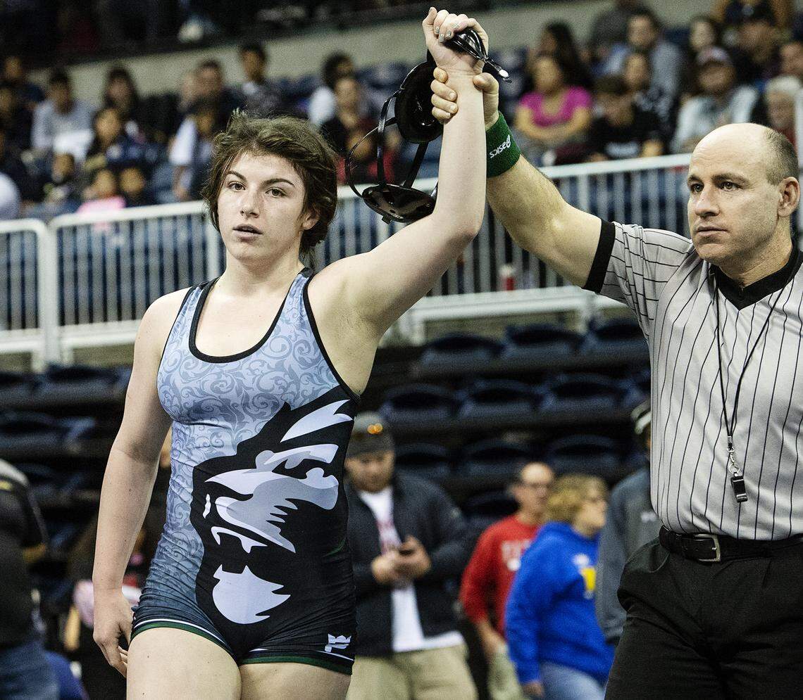 Pitman sophomore Lilly Freitas pinned Rio Linda’s Lizah Hingano for the 150-pounds championship in the 2020 CIF Sac-Joaquin Section Masters Meet at Stockton Arena in Stockton, Calif., on Saturday, Feb. 22, 2020.