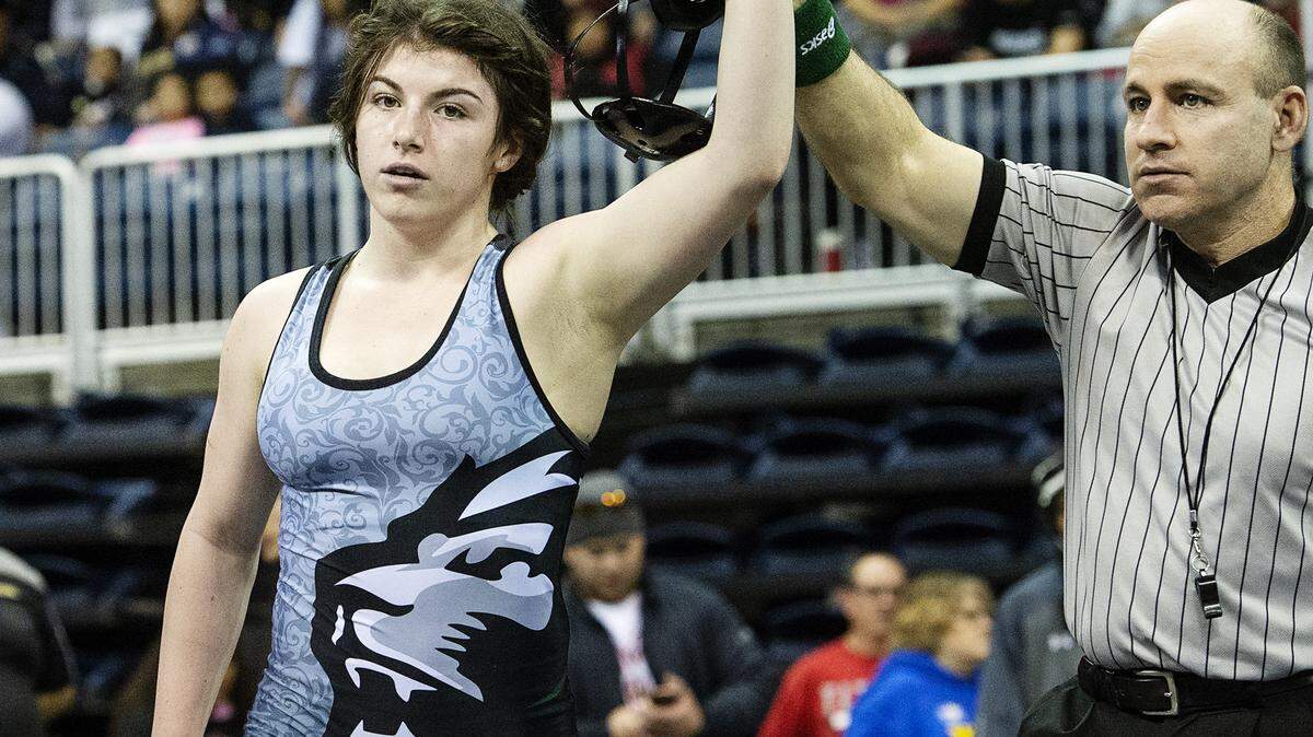 Pitman sophomore Lilly Freitas pinned Rio Linda’s Lizah Hingano for the 150-pounds championship in the 2020 CIF Sac-Joaquin Section Masters Meet at Stockton Arena in Stockton, Calif., on Saturday, Feb. 22, 2020.