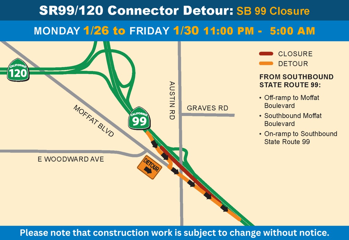 The map shows southbound detours on Highway 99 in Manteca, Calif., on nights between Jan. 25 and 30, 2026.