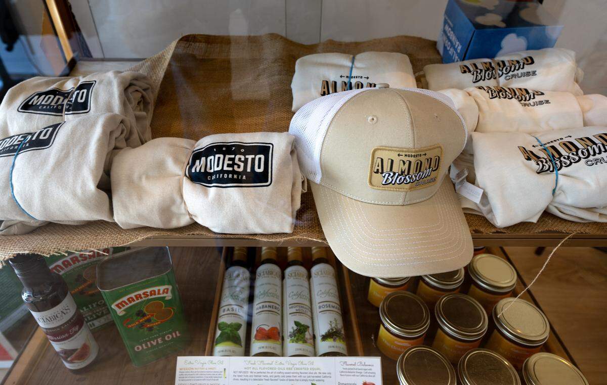 Modesto themed “swag” at the Visit Modesto welcome center in Modesto, Friday, July 18, 2025.