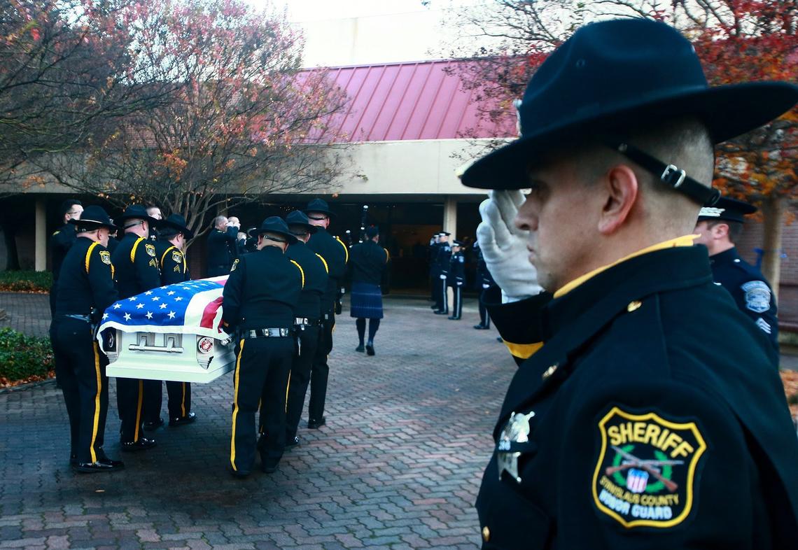 The casket of Stanislaus County Sheriff’s deputy Antonio “Tony” Hinostroza is brought to The House Modesto Thursday morning December 6, 2018 before his funeral service in Modesto, Calif.